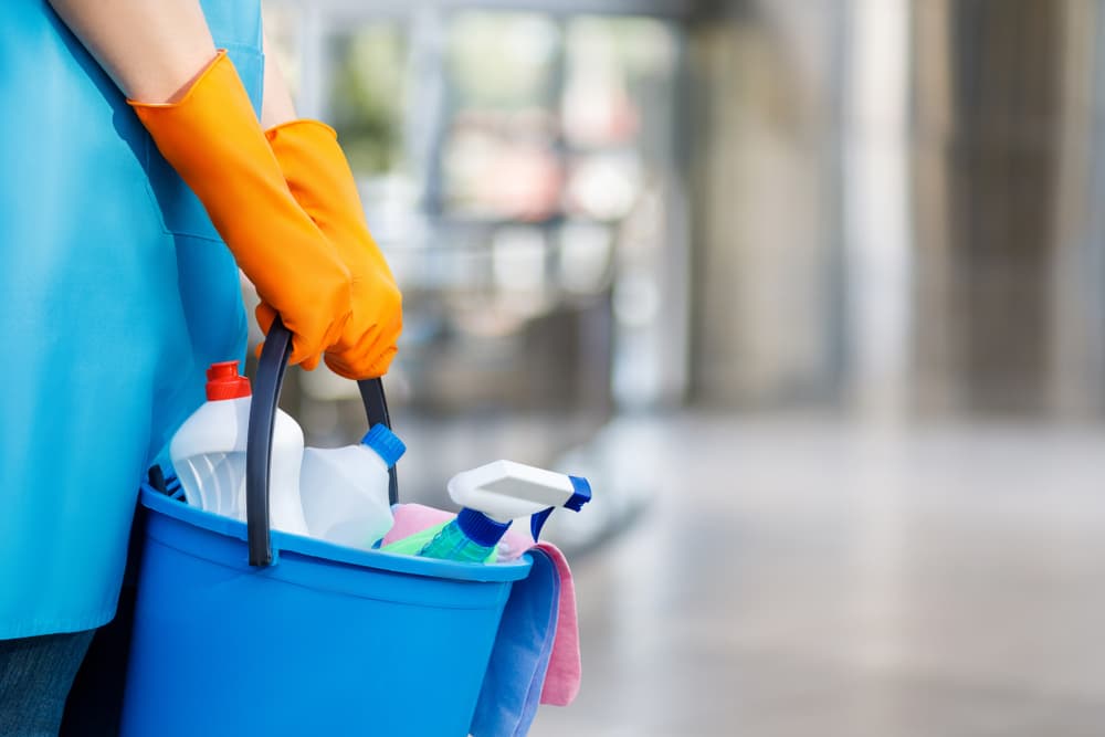 Cleaning lady with a bucket of cleaning products.